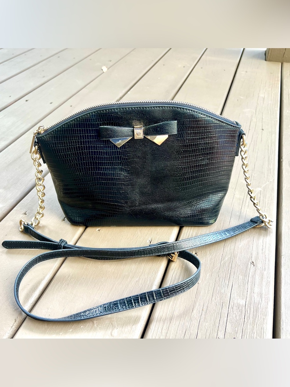 Anne Klein Black Croc-Embossed Crossbody with Bow and Gold Chain